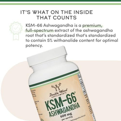 Double Wood Supplements Ashwagandha KSM 66 Bio – Organischer und klinisch geprüfter Extrakt (600 mg pro Portion, 120 Kapseln, 60 Portionen) – Adaptogen zur Cortisol-Regulierung für Frauen und Männer