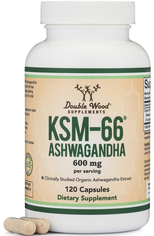 Double Wood Supplements Ashwagandha KSM 66 Bio – Organischer und klinisch geprüfter Extrakt (600 mg pro Portion, 120 Kapseln, 60 Portionen) – Adaptogen zur Cortisol-Regulierung für Frauen und Männer