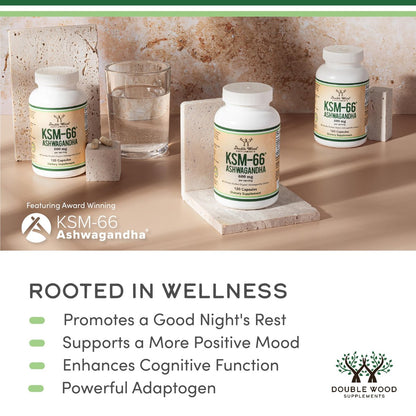 Double Wood Supplements Ashwagandha KSM 66 Bio – Organischer und klinisch geprüfter Extrakt (600 mg pro Portion, 120 Kapseln, 60 Portionen) – Adaptogen zur Cortisol-Regulierung für Frauen und Männer