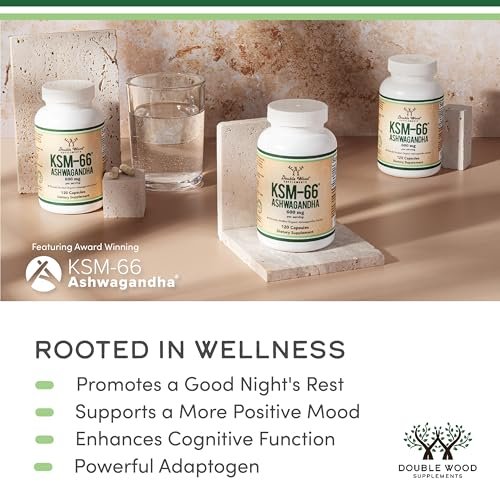 Double Wood Supplements Ashwagandha KSM 66 Bio – Organischer und klinisch geprüfter Extrakt (600 mg pro Portion, 120 Kapseln, 60 Portionen) – Adaptogen zur Cortisol-Regulierung für Frauen und Männer