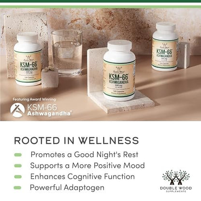 Double Wood Supplements Ashwagandha KSM 66 Bio – Organischer und klinisch geprüfter Extrakt (600 mg pro Portion, 120 Kapseln, 60 Portionen) – Adaptogen zur Cortisol-Regulierung für Frauen und Männer