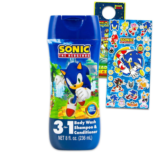 Sonic the Hedgehog Kinder Shampoo, Conditioner & Duschgel 8 oz Flasche – Bundle mit 3-in-1 Beeren-Duft Body Wash, Shampoo & Conditioner plus Sticker und mehr | Sonic Badezimmer Set
