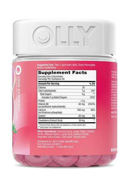 OLLY Period Hero Gummies – PMS-Unterstützung mit Keuschlamm, Vitamin B6 und Calcium, Cran-Himbeer-Geschmack, 60 Gummis (30 Tage Vorrat)