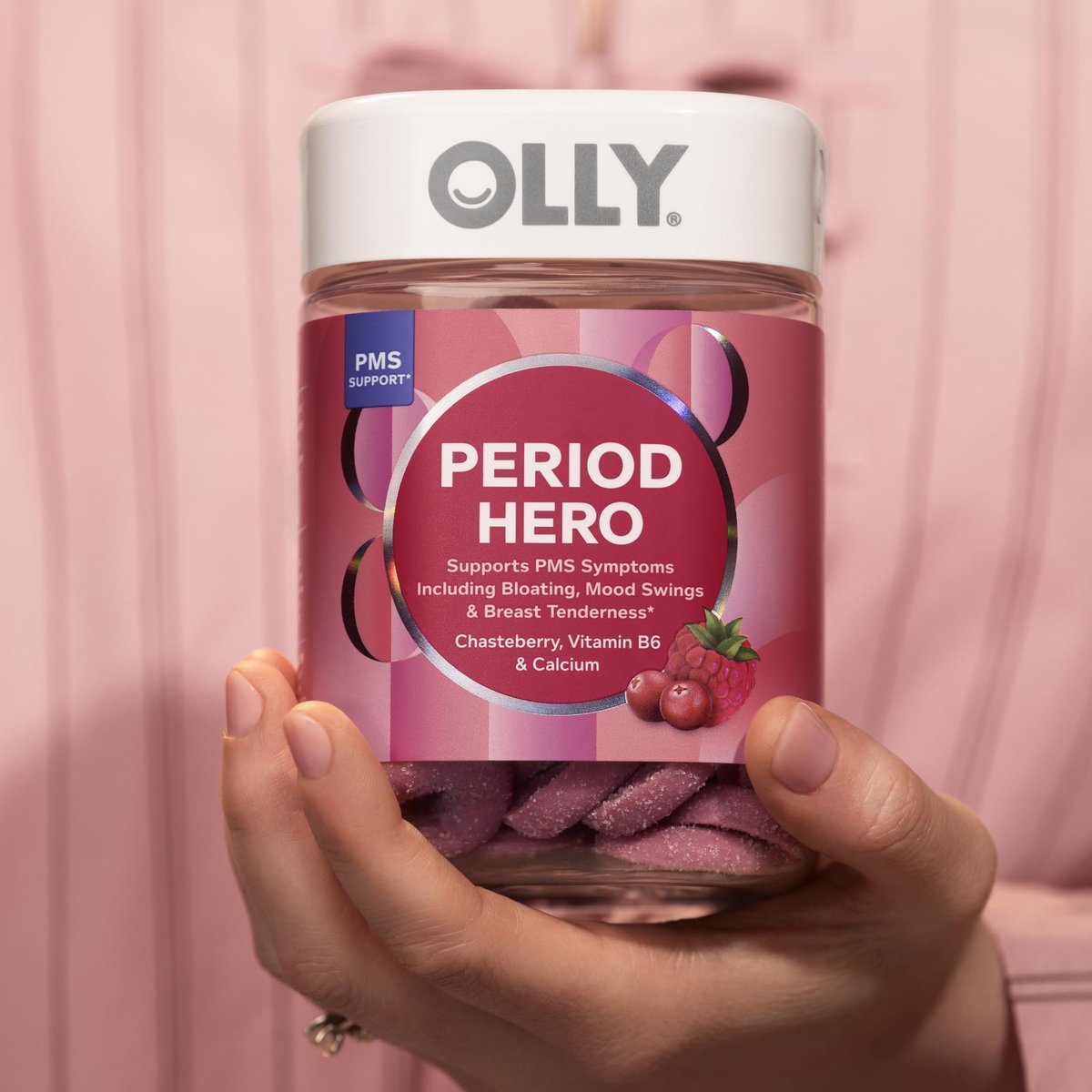 OLLY Period Hero Gummies – PMS-Unterstützung mit Keuschlamm, Vitamin B6 und Calcium, Cran-Himbeer-Geschmack, 60 Gummis (30 Tage Vorrat)