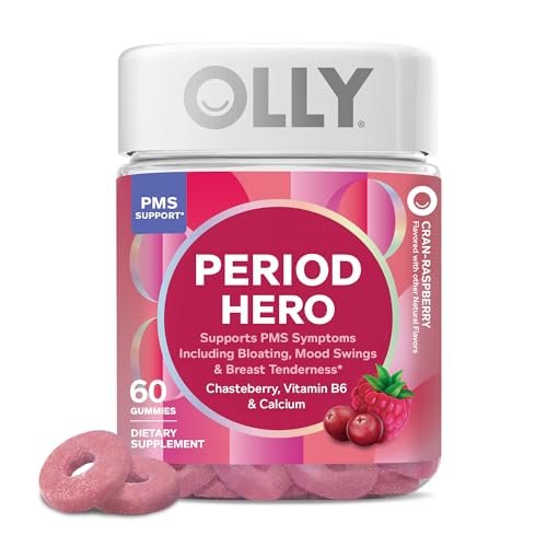 OLLY Period Hero Gummies – PMS-Unterstützung mit Keuschlamm, Vitamin B6 und Calcium, Cran-Himbeer-Geschmack, 60 Gummis (30 Tage Vorrat)