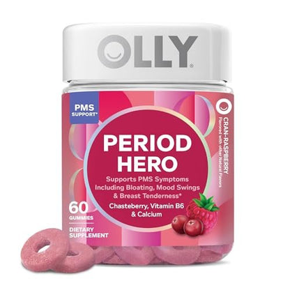 OLLY Period Hero Gummies – PMS-Unterstützung mit Keuschlamm, Vitamin B6 und Calcium, Cran-Himbeer-Geschmack, 60 Gummis (30 Tage Vorrat)