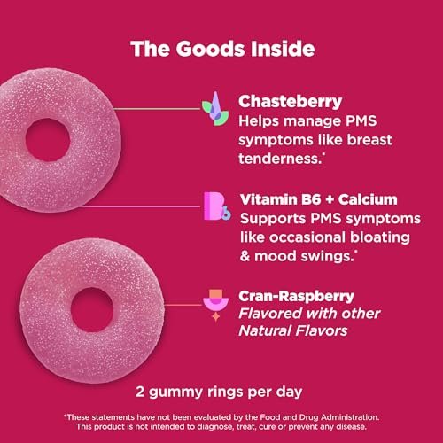 OLLY Period Hero Gummies – PMS-Unterstützung mit Keuschlamm, Vitamin B6 und Calcium, Cran-Himbeer-Geschmack, 60 Gummis (30 Tage Vorrat)