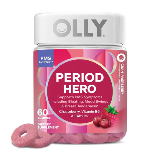 OLLY Period Hero Gummies – PMS-Unterstützung mit Keuschlamm, Vitamin B6 und Calcium, Cran-Himbeer-Geschmack, 60 Gummis (30 Tage Vorrat)