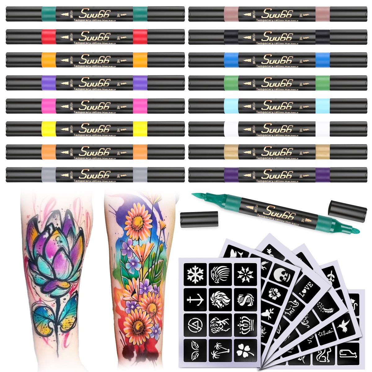Suu66 Temporäre Tattoo-Marker-Set, 16 Farben mit 80 Schablonen für Körperkunst | Hautsicher, abwaschbar, kosmetische Qualität | für Kinder & Erwachsene