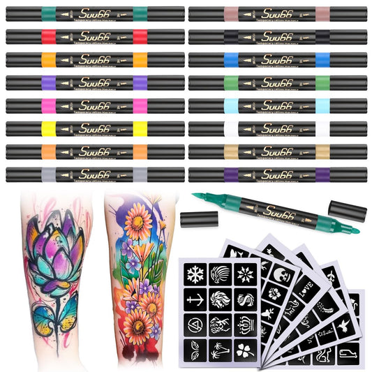 Suu66 Temporäre Tattoo-Marker-Set, 16 Farben mit 80 Schablonen für Körperkunst | Hautsicher, abwaschbar, kosmetische Qualität | für Kinder & Erwachsene