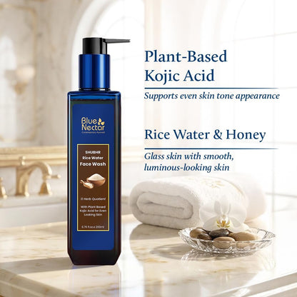 Blue Nectar Rice Water Gesichtsreinigung mit 2% Kojisäure gegen Pigmentflecken | Gesichtsreiniger für fettige, trockene & empfindliche Haut | Gesichtsreinigung für Frauen & Männer (11 Kräuter, 100 ml)
