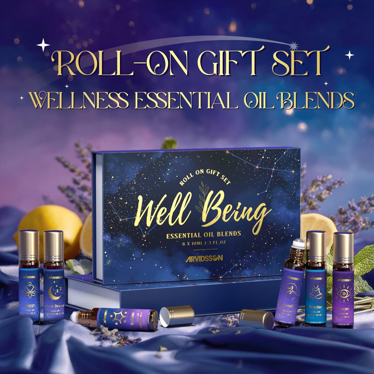 ARVIDSSON Ätherische Öle Roll-On Set – Natürliche Selbstpflege-Blends für Frauen – Geschenkset mit 6 Aromatherapieölen: Sweet Dream, Unwind, Breathe, Balance, Focus, Happy – Rollerflaschen für Körper und Massage