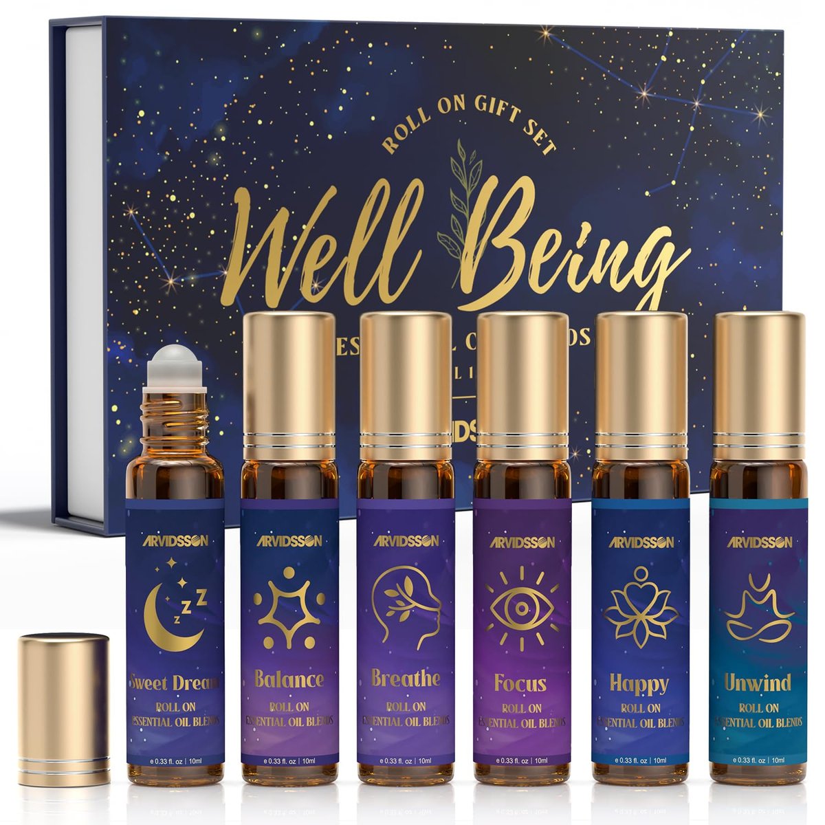 ARVIDSSON Ätherische Öle Roll-On Set – Natürliche Selbstpflege-Blends für Frauen – Geschenkset mit 6 Aromatherapieölen: Sweet Dream, Unwind, Breathe, Balance, Focus, Happy – Rollerflaschen für Körper und Massage