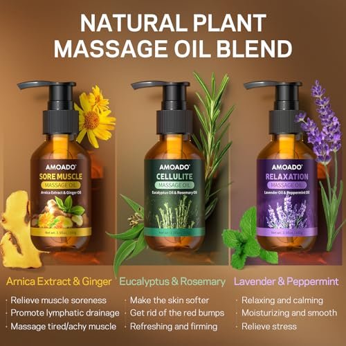 AMOADO Massageöl für Massagetherapie, 10,5 Unzen – Arnikaöl, Anti-Cellulite, Eukalyptus- und Lavendelöl, Schmerzlinderung & Spa-Entspannung, Geschenkset