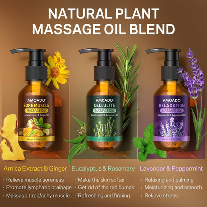 AMOADO Massageöl für Massagetherapie, 10,5 Unzen – Arnikaöl, Anti-Cellulite, Eukalyptus- und Lavendelöl, Schmerzlinderung & Spa-Entspannung, Geschenkset