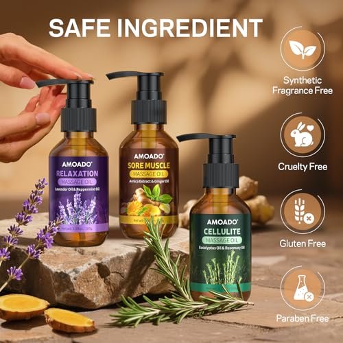 AMOADO Massageöl für Massagetherapie, 10,5 Unzen – Arnikaöl, Anti-Cellulite, Eukalyptus- und Lavendelöl, Schmerzlinderung & Spa-Entspannung, Geschenkset