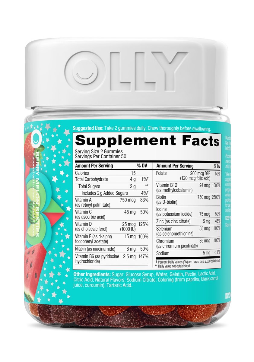 OLLY Teen Girl Multi Gummy – Multivitamin für gesunde Haut & Immunsystem, mit Biotin, Zink, Erdbeer-Melonen-Geschmack, 100 Stück (50 Tage Vorrat)
