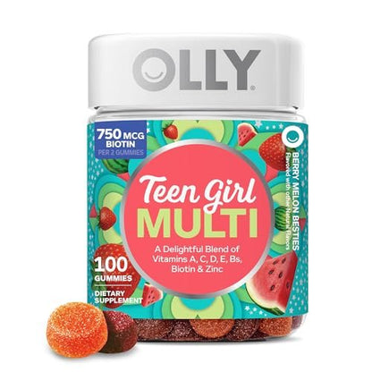 OLLY Teen Girl Multi Gummy – Multivitamin für gesunde Haut & Immunsystem, mit Biotin, Zink, Erdbeer-Melonen-Geschmack, 100 Stück (50 Tage Vorrat)