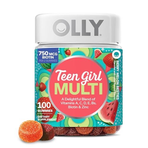 OLLY Teen Girl Multi Gummy – Multivitamin für gesunde Haut & Immunsystem, mit Biotin, Zink, Erdbeer-Melonen-Geschmack, 100 Stück (50 Tage Vorrat)
