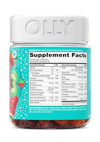 OLLY Teen Girl Multi Gummy – Multivitamin für gesunde Haut & Immunsystem, mit Biotin, Zink, Erdbeer-Melonen-Geschmack, 100 Stück (50 Tage Vorrat)