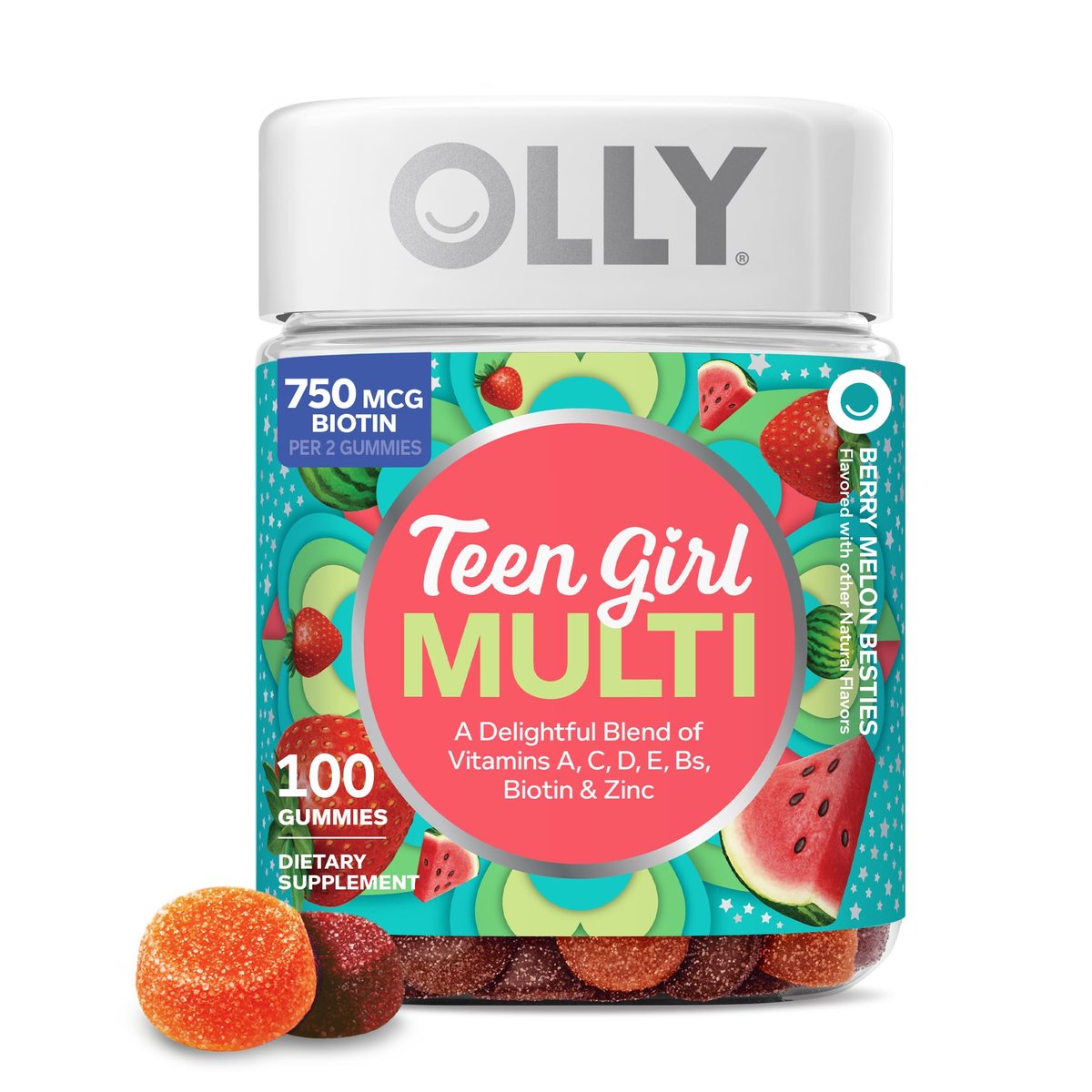 OLLY Teen Girl Multi Gummy – Multivitamin für gesunde Haut & Immunsystem, mit Biotin, Zink, Erdbeer-Melonen-Geschmack, 100 Stück (50 Tage Vorrat)