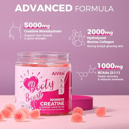 AiVital™ Creatine Gummis für Frauen, 5000 mg Creatin Monohydrat + 2000 mg Kollagen + 1000 mg BCAA, zuckerfrei, 30 Portionen, 120 Stück (Beere)