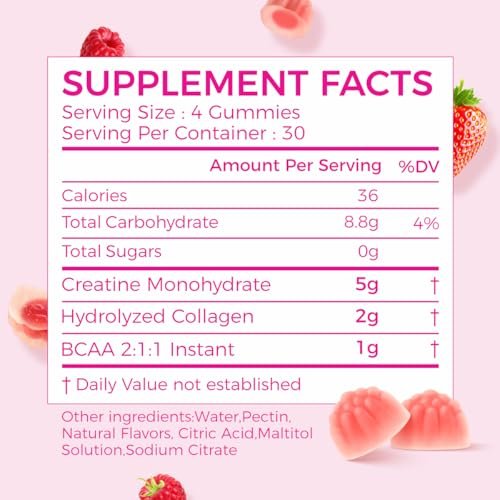 AiVital™ Creatine Gummis für Frauen, 5000 mg Creatin Monohydrat + 2000 mg Kollagen + 1000 mg BCAA, zuckerfrei, 30 Portionen, 120 Stück (Beere)