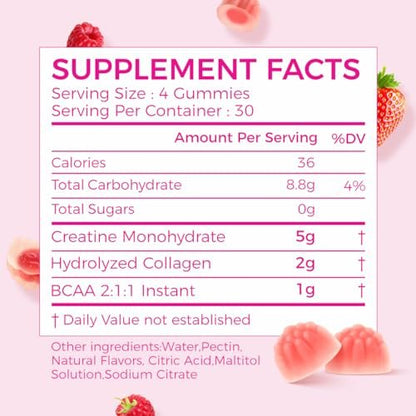 AiVital™ Creatine Gummis für Frauen, 5000 mg Creatin Monohydrat + 2000 mg Kollagen + 1000 mg BCAA, zuckerfrei, 30 Portionen, 120 Stück (Beere)