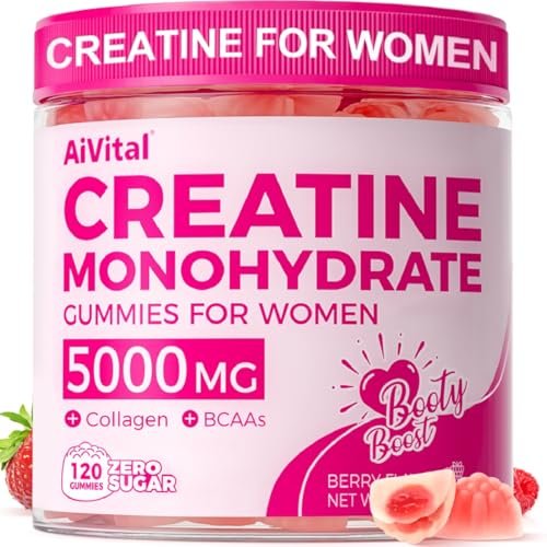 AiVital™ Creatine Gummis für Frauen, 5000 mg Creatin Monohydrat + 2000 mg Kollagen + 1000 mg BCAA, zuckerfrei, 30 Portionen, 120 Stück (Beere)
