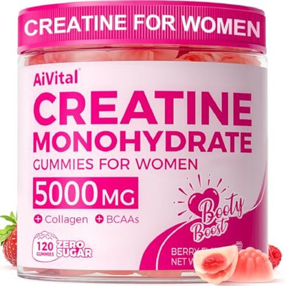 AiVital™ Creatine Gummis für Frauen, 5000 mg Creatin Monohydrat + 2000 mg Kollagen + 1000 mg BCAA, zuckerfrei, 30 Portionen, 120 Stück (Beere)