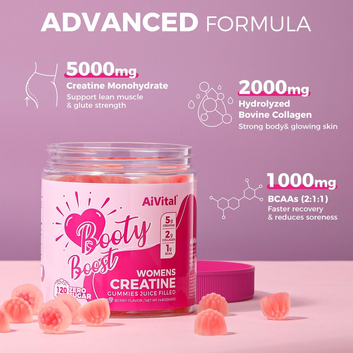 AiVital™ Creatine Gummis für Frauen, 5000 mg Creatin Monohydrat + 2000 mg Kollagen + 1000 mg BCAA, zuckerfrei, 30 Portionen, 120 Stück (Beere)