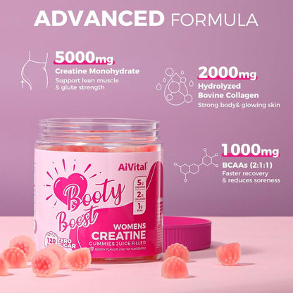 AiVital™ Creatine Gummis für Frauen, 5000 mg Creatin Monohydrat + 2000 mg Kollagen + 1000 mg BCAA, zuckerfrei, 30 Portionen, 120 Stück (Beere)