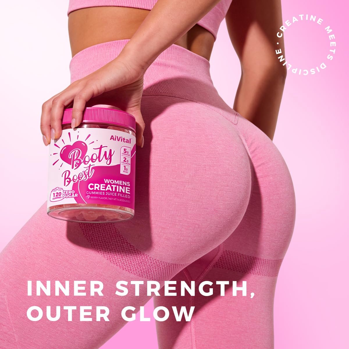 AiVital™ Creatine Gummis für Frauen, 5000 mg Creatin Monohydrat + 2000 mg Kollagen + 1000 mg BCAA, zuckerfrei, 30 Portionen, 120 Stück (Beere)