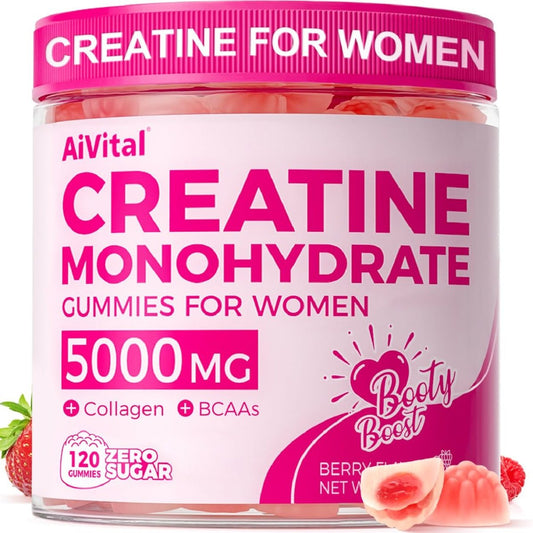 AiVital™ Creatine Gummis für Frauen, 5000 mg Creatin Monohydrat + 2000 mg Kollagen + 1000 mg BCAA, zuckerfrei, 30 Portionen, 120 Stück (Beere)
