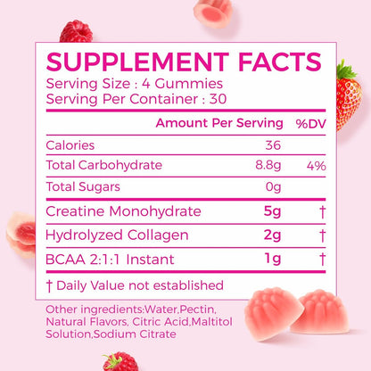 AiVital™ Creatine Gummis für Frauen, 5000 mg Creatin Monohydrat + 2000 mg Kollagen + 1000 mg BCAA, zuckerfrei, 30 Portionen, 120 Stück (Beere)