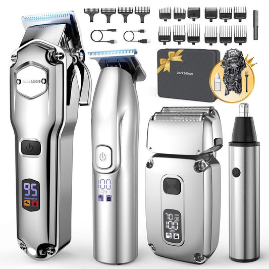 Jack & Rose Haarschneider für Herren Set Professional, Kabelloser Haartrimmer, Elektrorasierer, Barber Kit, 4-in-1, LED-Anzeige, für Nase, Körper, Glatze