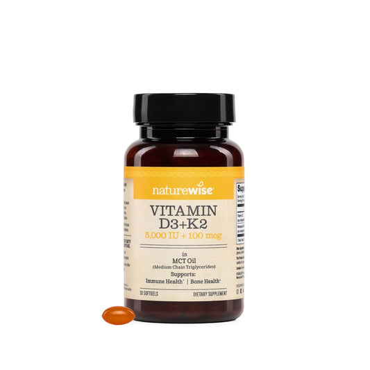 NatureWise Veganes Vitamin D3 + K2 mit Bio-Kokos-MCT-Öl – Natürliches D3 5000 IE + Natürliches K2 100 μg – Hochabsorbierender Knochenunterstützung – Soja- & glutenfrei – Hergestellt in den USA – 30 Softgels [30-Tage-Vorrat]