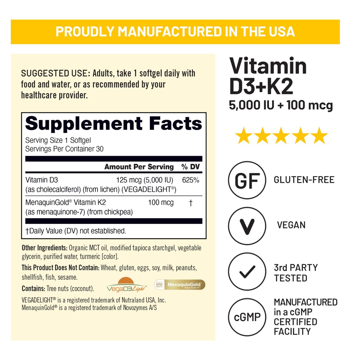 NatureWise Veganes Vitamin D3 + K2 mit Bio-Kokos-MCT-Öl – Natürliches D3 5000 IE + Natürliches K2 100 μg – Hochabsorbierender Knochenunterstützung – Soja- & glutenfrei – Hergestellt in den USA – 30 Softgels [30-Tage-Vorrat]