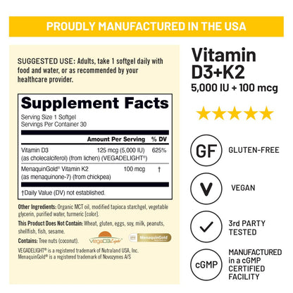 NatureWise Veganes Vitamin D3 + K2 mit Bio-Kokos-MCT-Öl – Natürliches D3 5000 IE + Natürliches K2 100 μg – Hochabsorbierender Knochenunterstützung – Soja- & glutenfrei – Hergestellt in den USA – 30 Softgels [30-Tage-Vorrat]