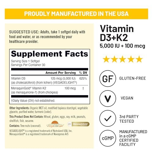 NatureWise Veganes Vitamin D3 + K2 mit Bio-Kokos-MCT-Öl – Natürliches D3 5000 IE + Natürliches K2 100 μg – Hochabsorbierender Knochenunterstützung – Soja- & glutenfrei – Hergestellt in den USA – 30 Softgels [30-Tage-Vorrat]