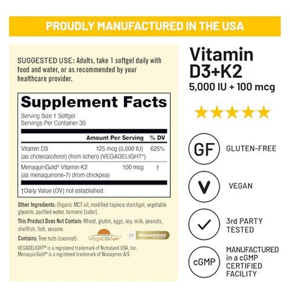 NatureWise Veganes Vitamin D3 + K2 mit Bio-Kokos-MCT-Öl – Natürliches D3 5000 IE + Natürliches K2 100 μg – Hochabsorbierender Knochenunterstützung – Soja- & glutenfrei – Hergestellt in den USA – 30 Softgels [30-Tage-Vorrat]