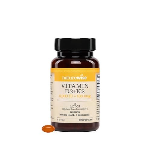 NatureWise Veganes Vitamin D3 + K2 mit Bio-Kokos-MCT-Öl – Natürliches D3 5000 IE + Natürliches K2 100 μg – Hochabsorbierender Knochenunterstützung – Soja- & glutenfrei – Hergestellt in den USA – 30 Softgels [30-Tage-Vorrat]