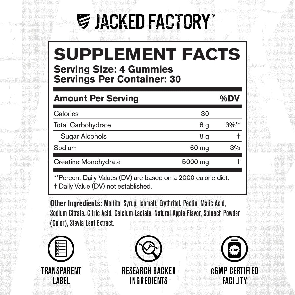 Jacked Factory Zuckerfreie Creatine Gummies – 5 g Tagesdosis (1,25 g pro Gummy) – Creatine Gummies ohne Zucker für Männer und Frauen, veganfreundlich, drittanbietergetestet – 120 Gummies, Grünem Apfel