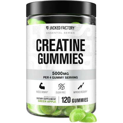 Jacked Factory Zuckerfreie Creatine Gummies – 5 g Tagesdosis (1,25 g pro Gummy) – Creatine Gummies ohne Zucker für Männer und Frauen, veganfreundlich, drittanbietergetestet – 120 Gummies, Grünem Apfel