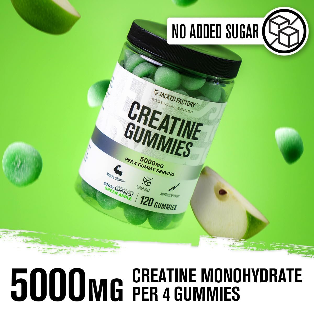 Jacked Factory Zuckerfreie Creatine Gummies – 5 g Tagesdosis (1,25 g pro Gummy) – Creatine Gummies ohne Zucker für Männer und Frauen, veganfreundlich, drittanbietergetestet – 120 Gummies, Grünem Apfel
