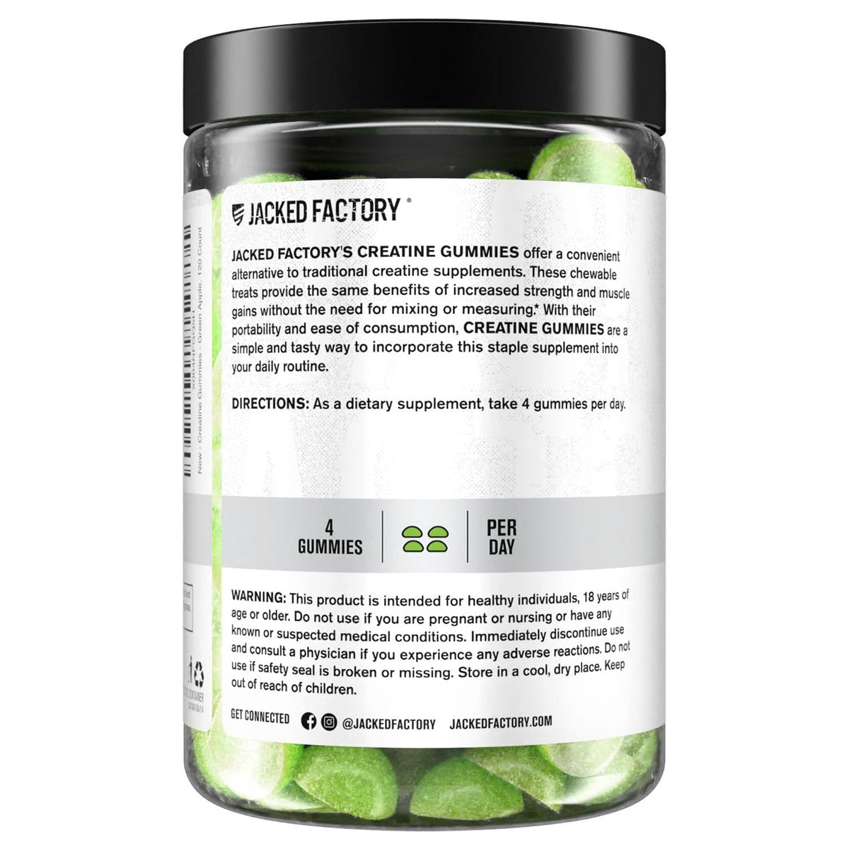 Jacked Factory Zuckerfreie Creatine Gummies – 5 g Tagesdosis (1,25 g pro Gummy) – Creatine Gummies ohne Zucker für Männer und Frauen, veganfreundlich, drittanbietergetestet – 120 Gummies, Grünem Apfel