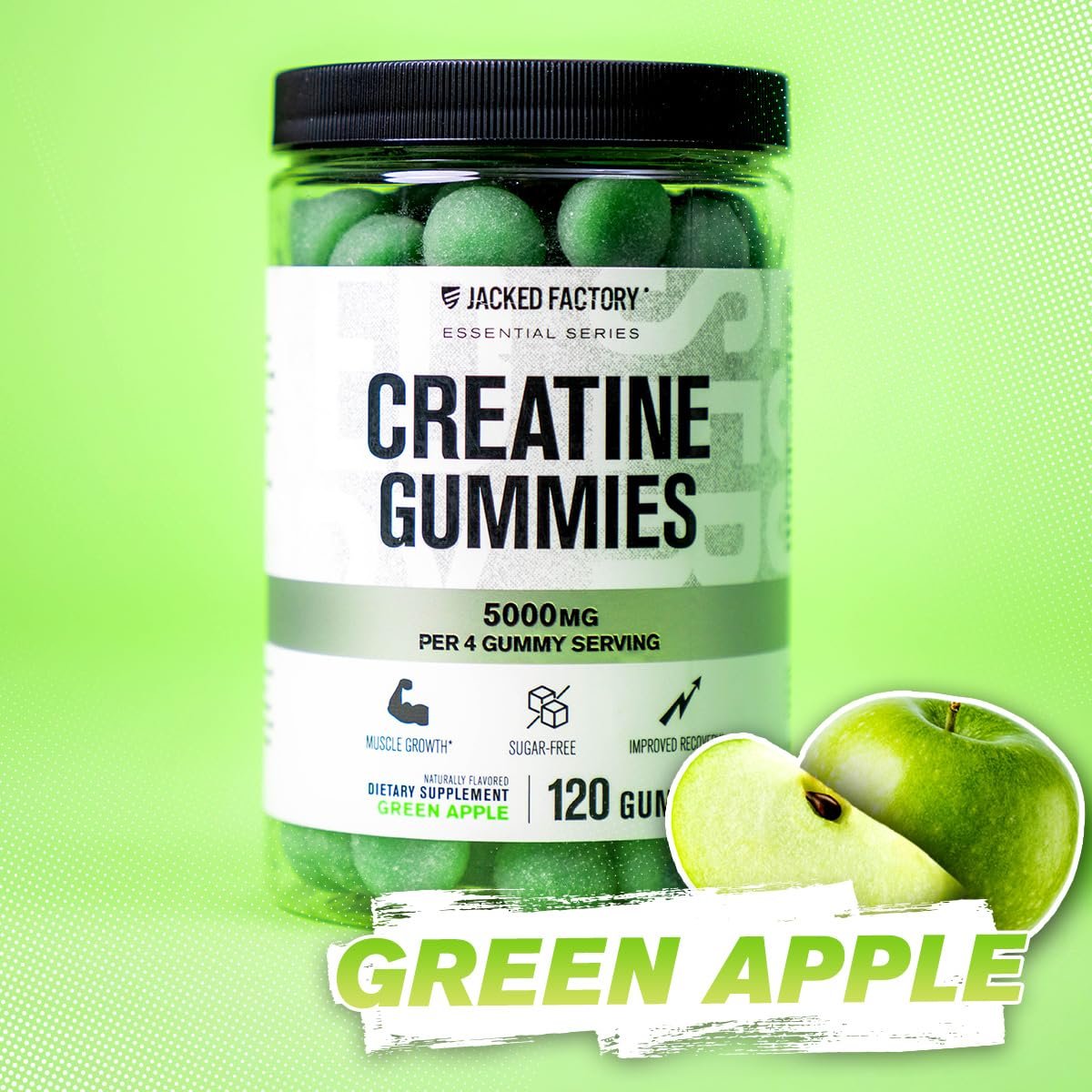 Jacked Factory Zuckerfreie Creatine Gummies – 5 g Tagesdosis (1,25 g pro Gummy) – Creatine Gummies ohne Zucker für Männer und Frauen, veganfreundlich, drittanbietergetestet – 120 Gummies, Grünem Apfel