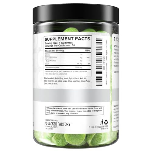 Jacked Factory Zuckerfreie Creatine Gummies – 5 g Tagesdosis (1,25 g pro Gummy) – Creatine Gummies ohne Zucker für Männer und Frauen, veganfreundlich, drittanbietergetestet – 120 Gummies, Grünem Apfel