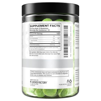 Jacked Factory Zuckerfreie Creatine Gummies – 5 g Tagesdosis (1,25 g pro Gummy) – Creatine Gummies ohne Zucker für Männer und Frauen, veganfreundlich, drittanbietergetestet – 120 Gummies, Grünem Apfel