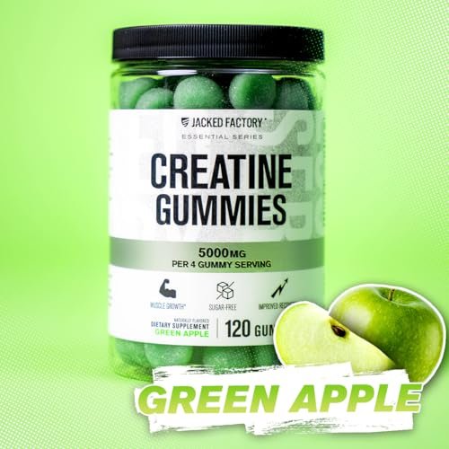 Jacked Factory Zuckerfreie Creatine Gummies – 5 g Tagesdosis (1,25 g pro Gummy) – Creatine Gummies ohne Zucker für Männer und Frauen, veganfreundlich, drittanbietergetestet – 120 Gummies, Grünem Apfel